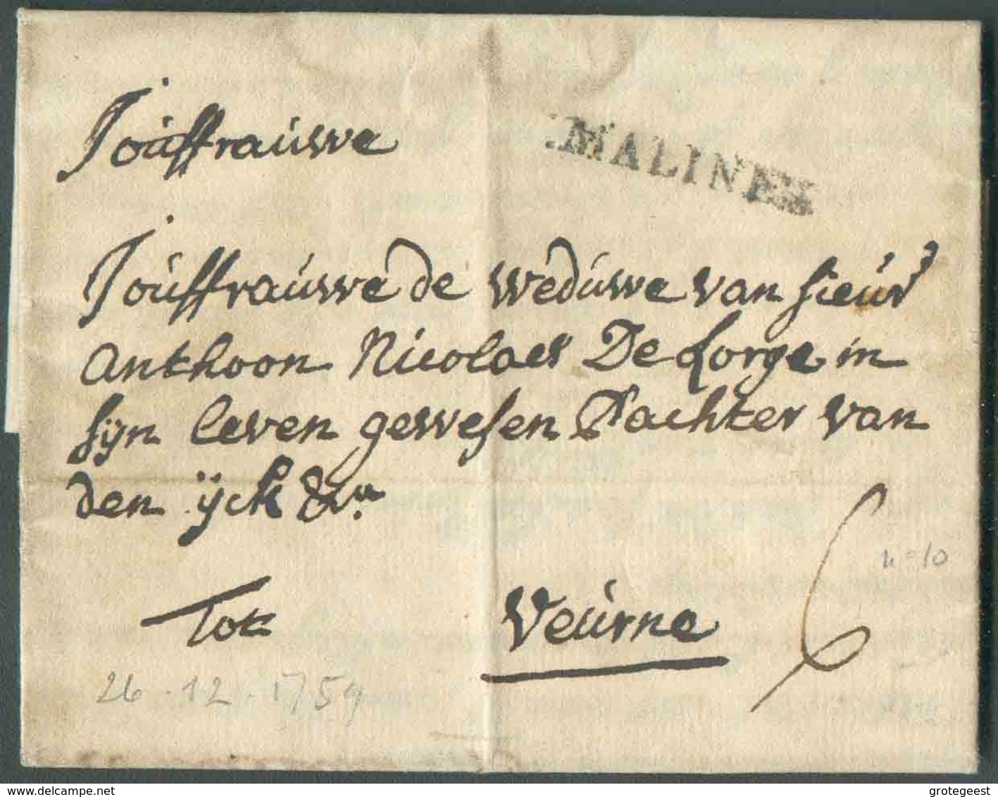 LAC De : MALINES Le 26/12/1754 Vers Veurne (Furnes). - TTB - 14590 - 1714-1794 (Paises Bajos Austriacos)
