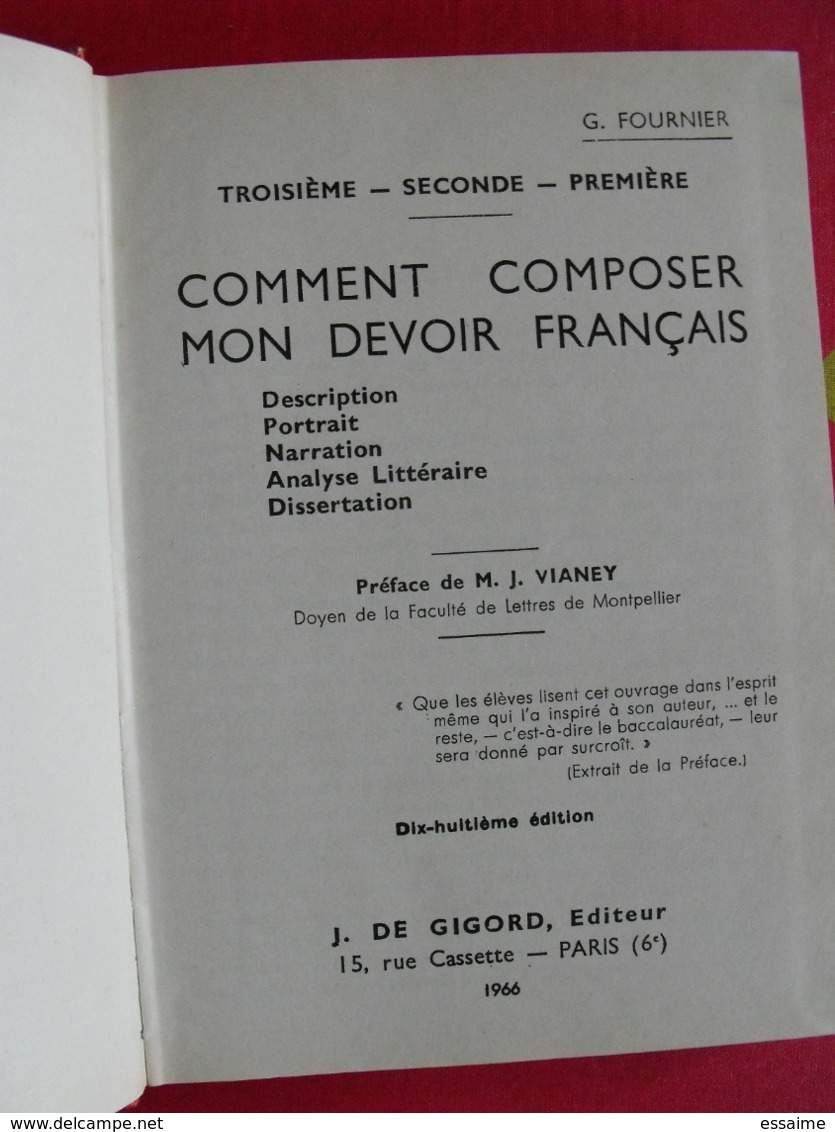 Comment Composer Mon Devoir De Français. C. Fournier. 1966. J De Gigord. - 12-18 Ans