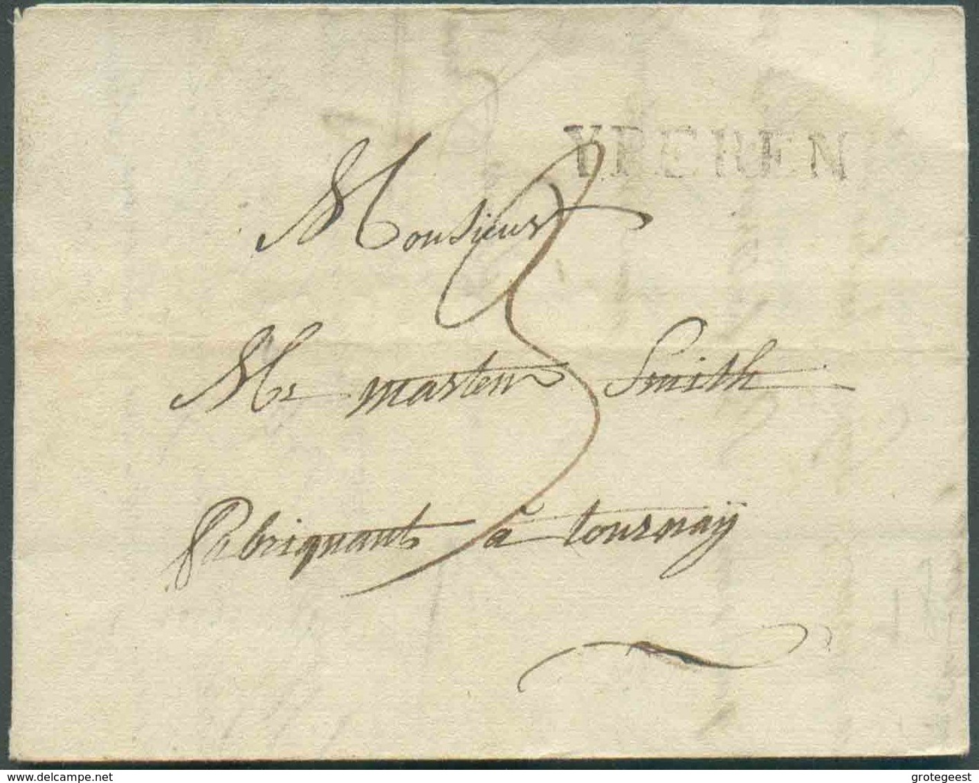 (griffe Noire) YPEREN Du 12 Mars 1824 Vers Tournay + Manuscrit (port) «3». - 14595 - 1815-1830 (Période Hollandaise)