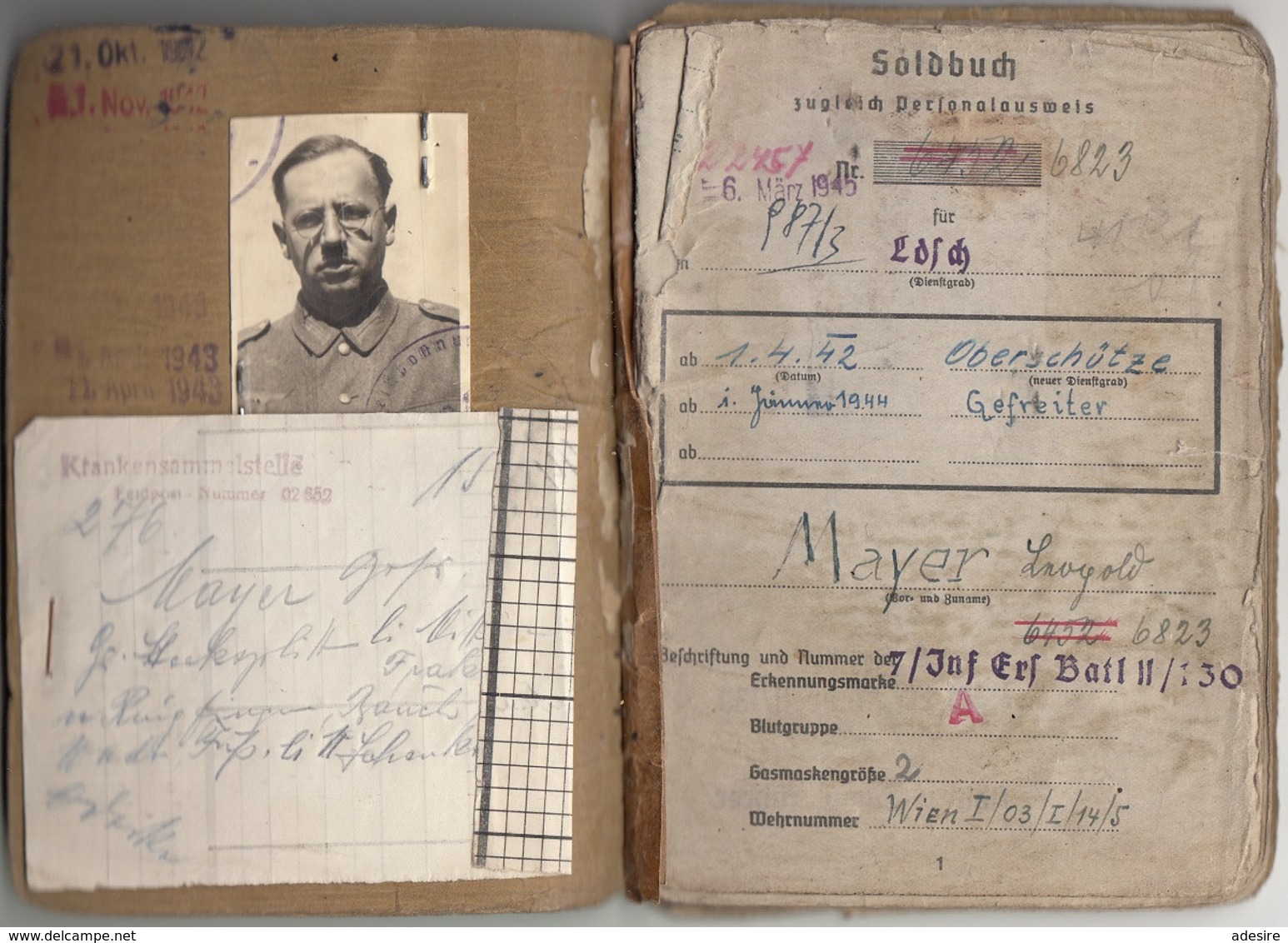 RRR! SOLDBUCH Zgl. PERSONALAUSWEIS Eines OBERSCHÜTZTEN 1942 GEFREITER Ab 1944 Des 7 Inf.Ersatz Bat. II, 24 Seiten Mit .. - 1939-45