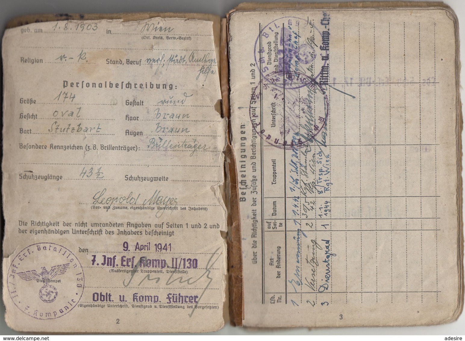 RRR! SOLDBUCH Zgl. PERSONALAUSWEIS Eines OBERSCHÜTZTEN 1942 GEFREITER Ab 1944 Des 7 Inf.Ersatz Bat. II, 24 Seiten Mit .. - 1939-45