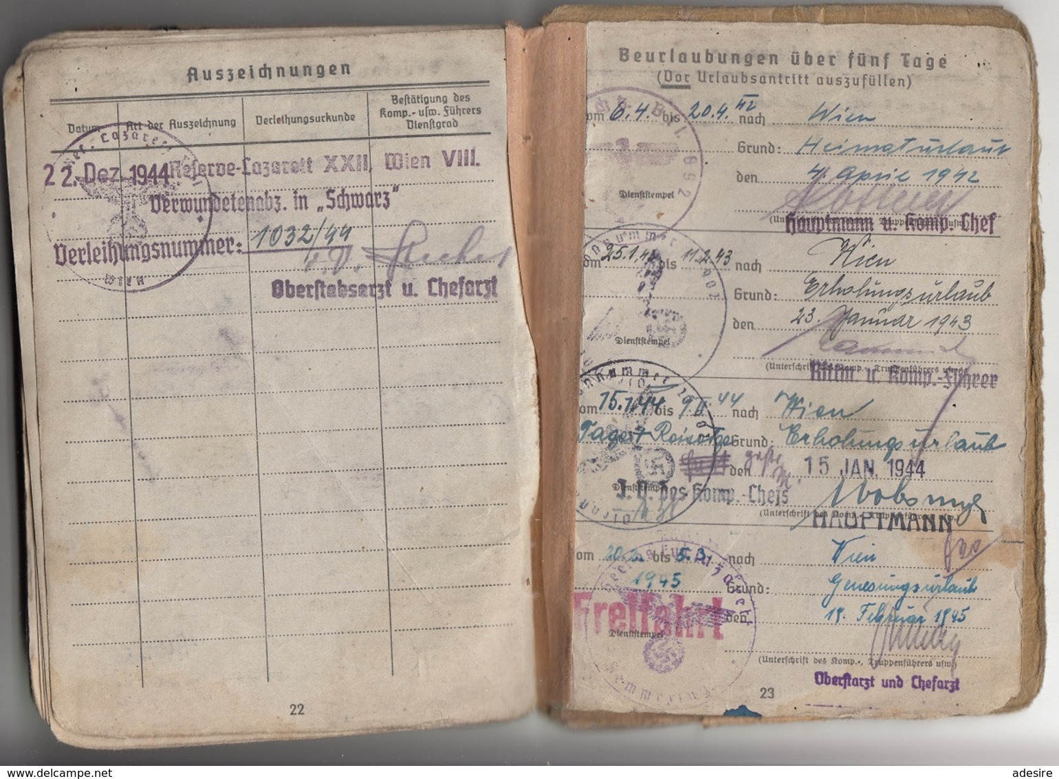 RRR! SOLDBUCH zgl. PERSONALAUSWEIS eines OBERSCHÜTZTEN 1942 GEFREITER ab 1944 des 7 Inf.Ersatz Bat. II, 24 Seiten mit ..