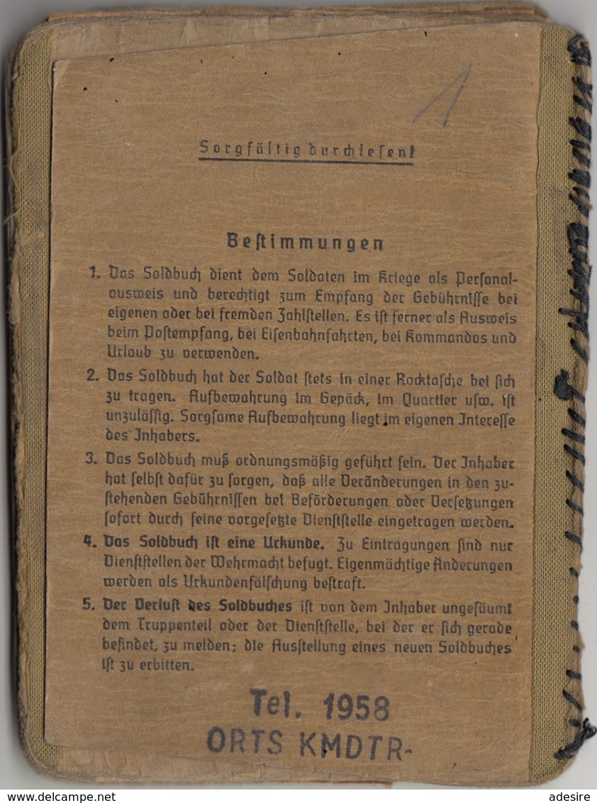 RRR! SOLDBUCH zgl. PERSONALAUSWEIS eines OBERSCHÜTZTEN 1942 GEFREITER ab 1944 des 7 Inf.Ersatz Bat. II, 24 Seiten mit ..