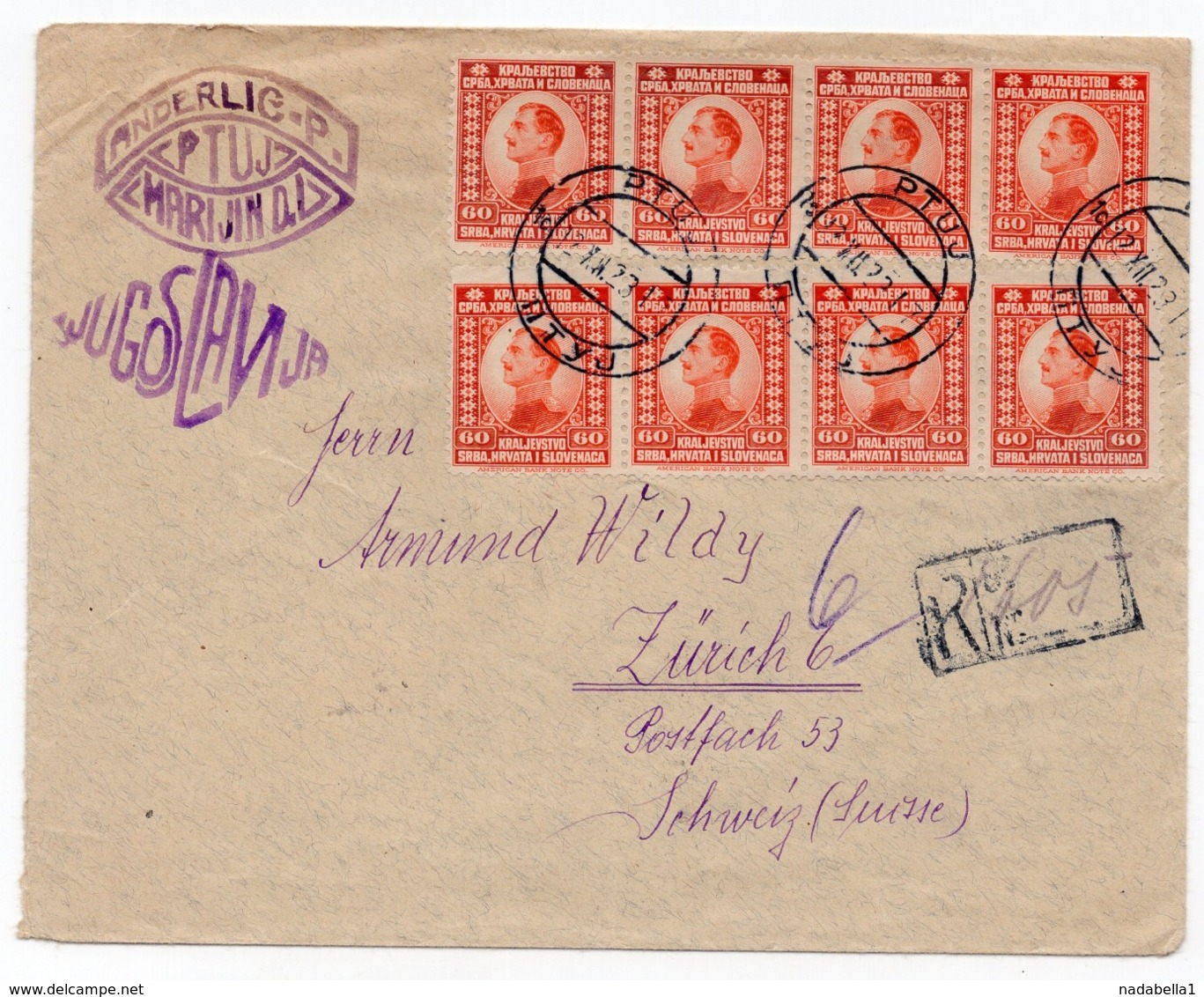 1923 KINGDOM OF SHS, SLOVENIA, PTUJ TO ZURICH, SUISSE, REGISTERED MARK IN VIOLET, 6 POSTMARKS AT THE BACK - Covers & Documents