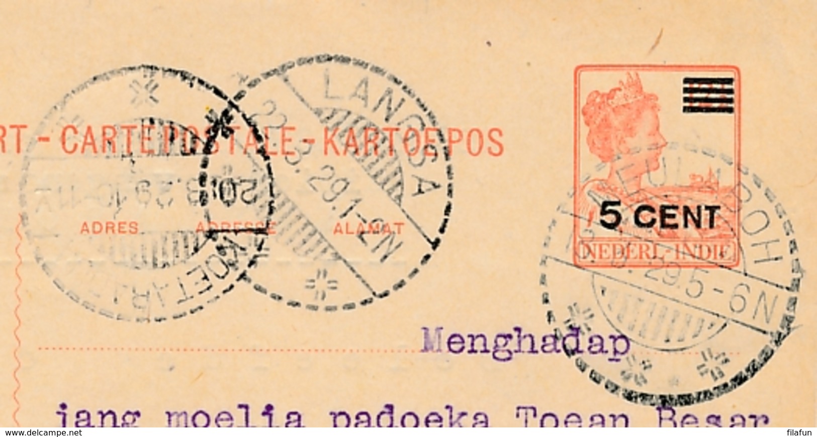 Nederlands Indië - 1929 - 5 Op 12,5 Cent Wilhelmina, Briefkaart G40 Van LB MEULABOH Naar LB Langsa - Indes Néerlandaises