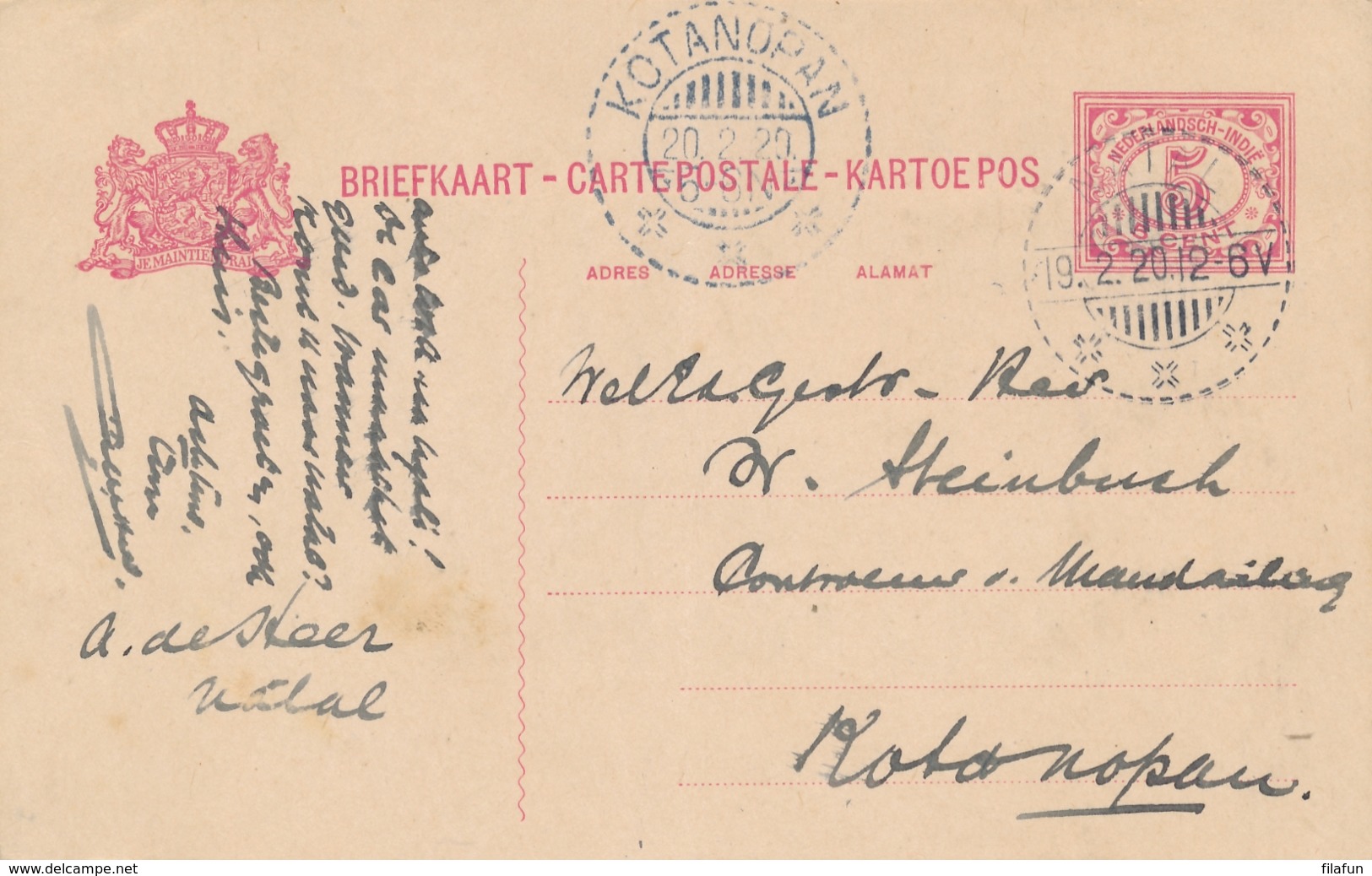 Nederlands Indië - 1920 - 5 Cent Cijfer, Briefkaart G23 Van LB NATAL Naar KBu KOTANOPAN - Nederlands-Indië