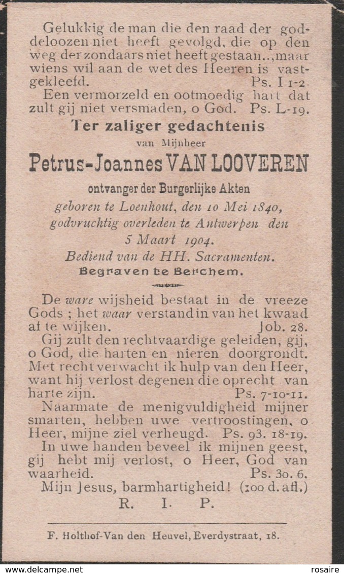 Petrus Joannes Van Looveren-ontvanger Burgelijke Akten-loenhout 1840-antwerpen 1904-dikkere Zwarte Rand Aanwezig - Images Religieuses