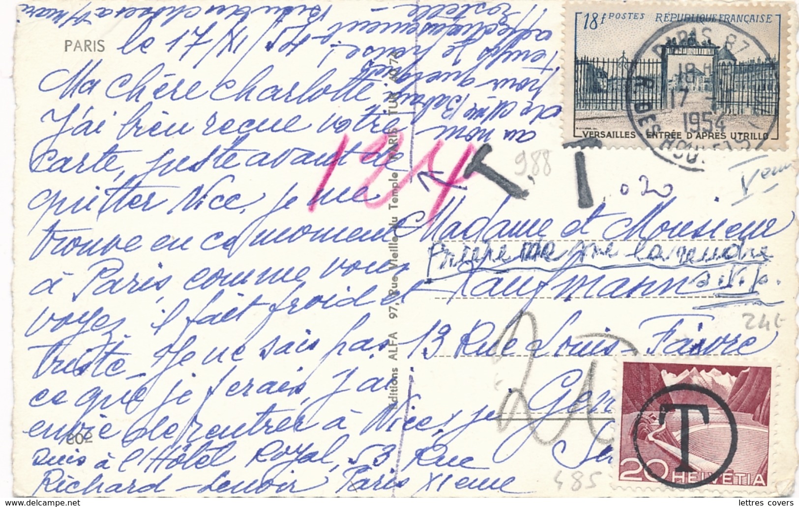 N°988 18f Versailles Utrillo SEUL Sur CP TAXEÉ En Suisse - Taxe " 20 "  Texte Débordant De La Carte - Bon Tarif Etranger - 1859-1959 Lettres & Documents