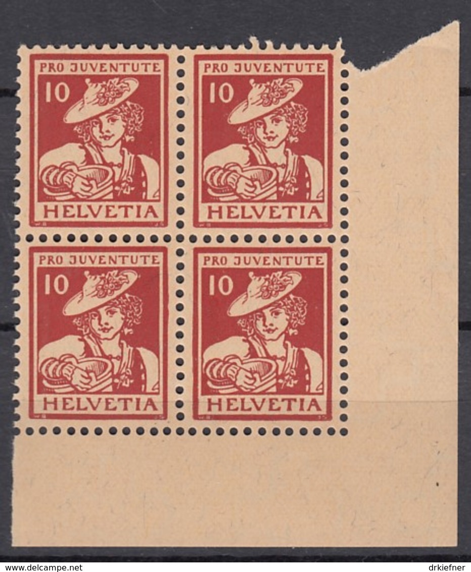 SCHWEIZ  132, 4erBlocks Mit Eckrand Unten Rechte, Postfrisch **, Pro Juventute 1916, Trachten - Ungebraucht