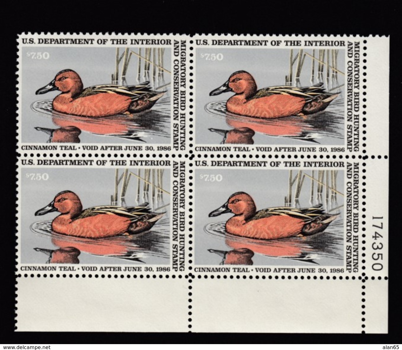Sc#RW52 Unused NH Plate # Block Of 4 $7.50 1985 Duck Hunting Stamps, Migratory Bird Hunting & Conservation - Duck Stamps