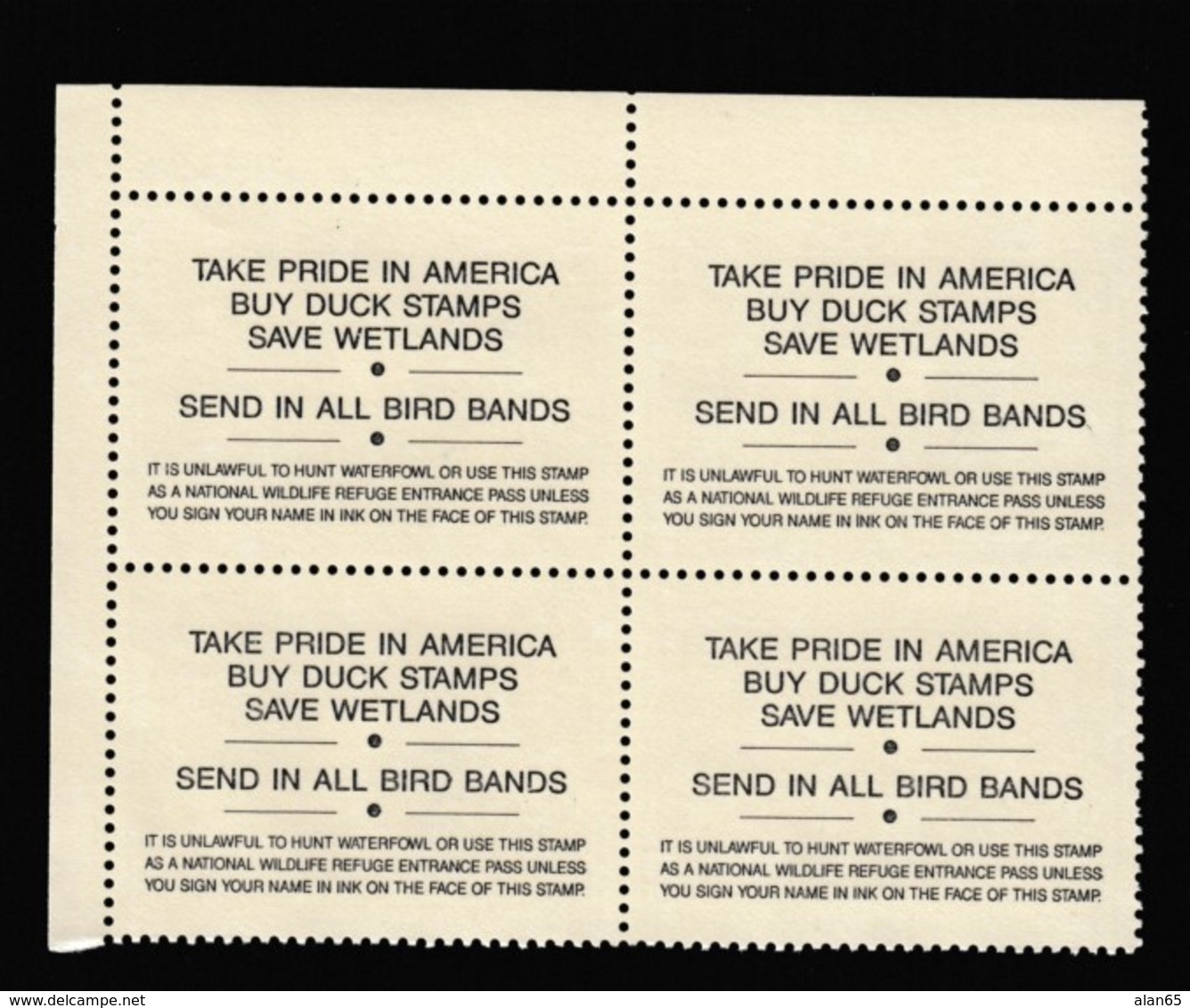 Sc#RW58 MNH Plate # Block Of 4 $15.00 1991 Duck Hunting Stamps, Migratory Bird Hunting & Conservation - Duck Stamps