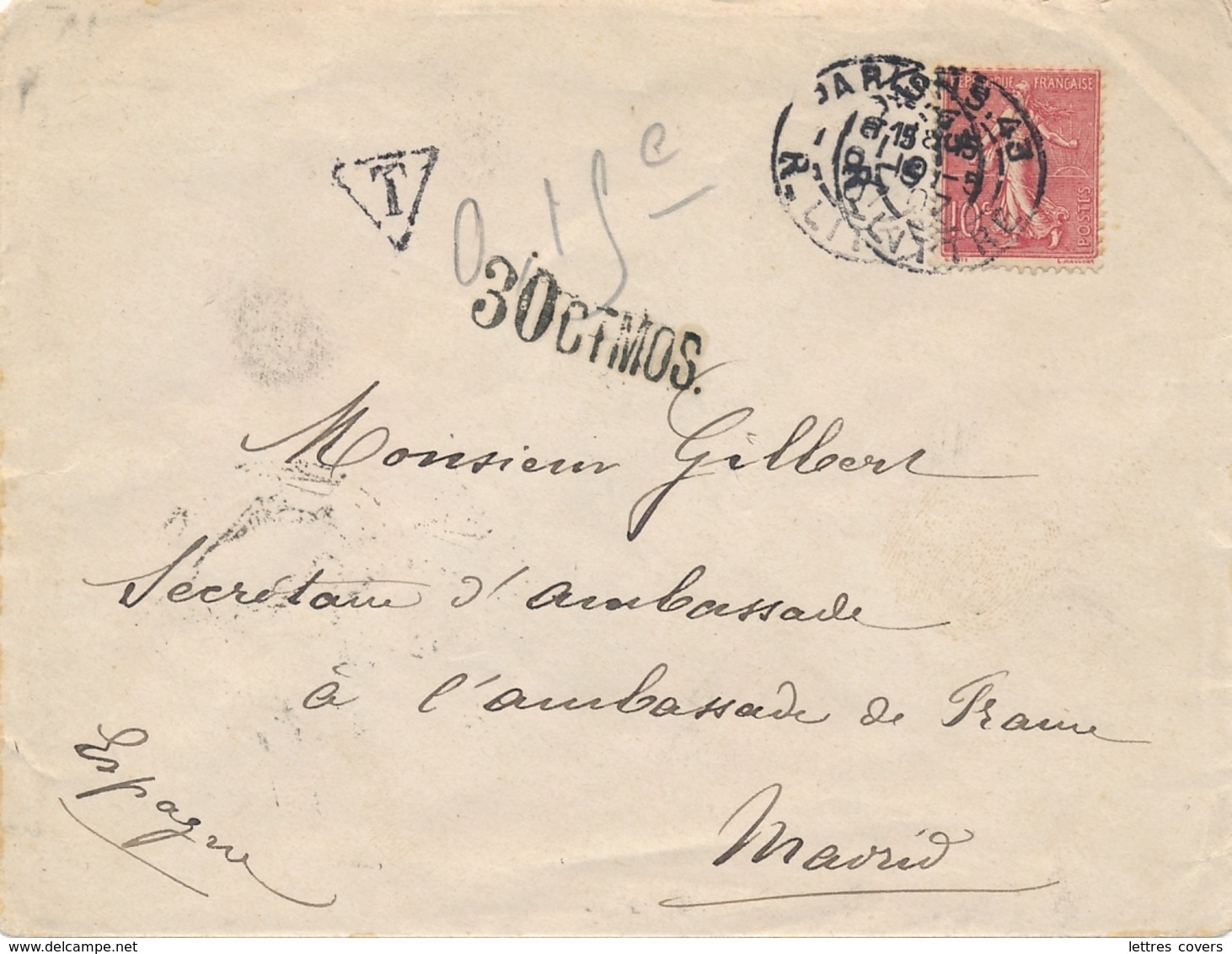 Semeuse N°130 - Taxe 30 CTMOS Sur Lettre Pour L'Ambassade De France à Madrid Espagne - 1859-1959 Covers & Documents