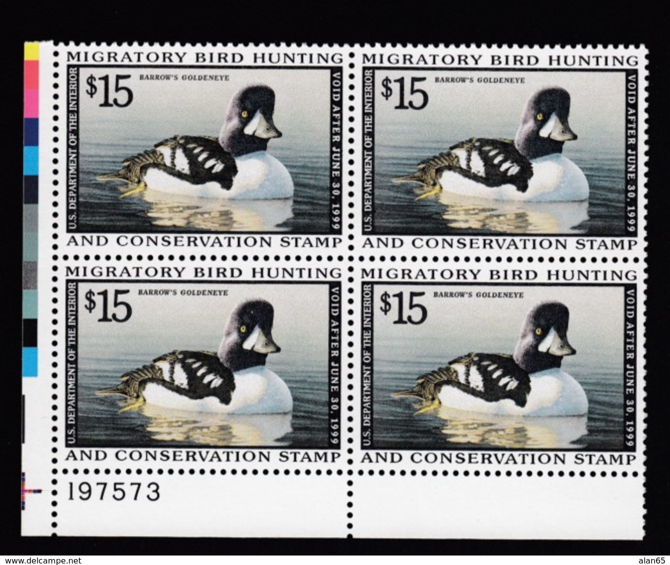 Sc#RW65 MNH Plate # Block Of 4 $15.00 1998 Duck Hunting Stamps, Migratory Bird Hunting & Conservation - Duck Stamps