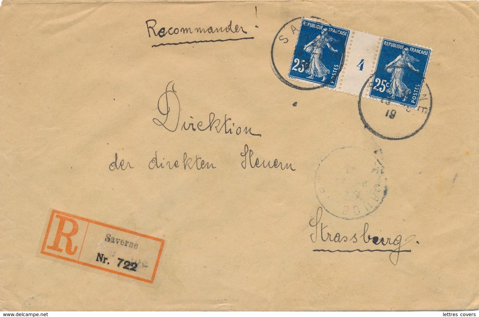 Semeuse N° 140  Millésime "4" Obl " SAVERNE 12/6/19 " Bas-Rhin Sur Lettre Recommandée > Strasbourg - 1906-38 Säerin, Untergrund Glatt