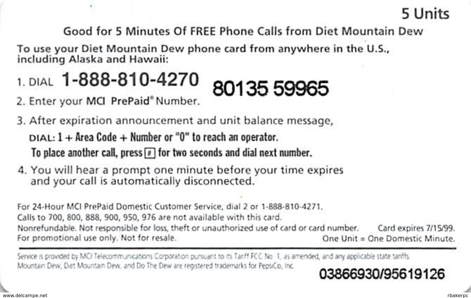 Mountain Dew / MCI PrePaid Phone Card 5 Minutes - Advertising