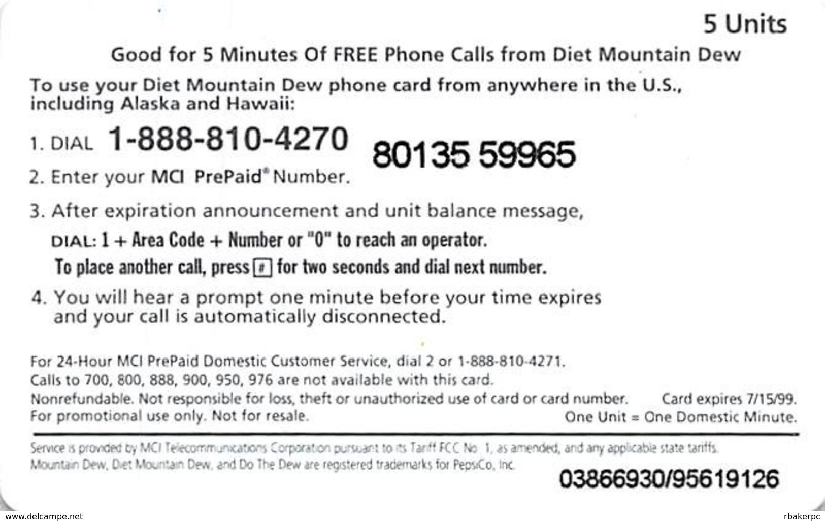 Mountain Dew / MCI PrePaid Phone Card 5 Minutes - Reclame