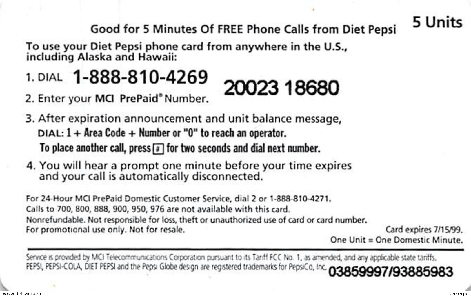 Diet Pepsi / MCI PrePaid Phone Card 5 Minutes - Advertising