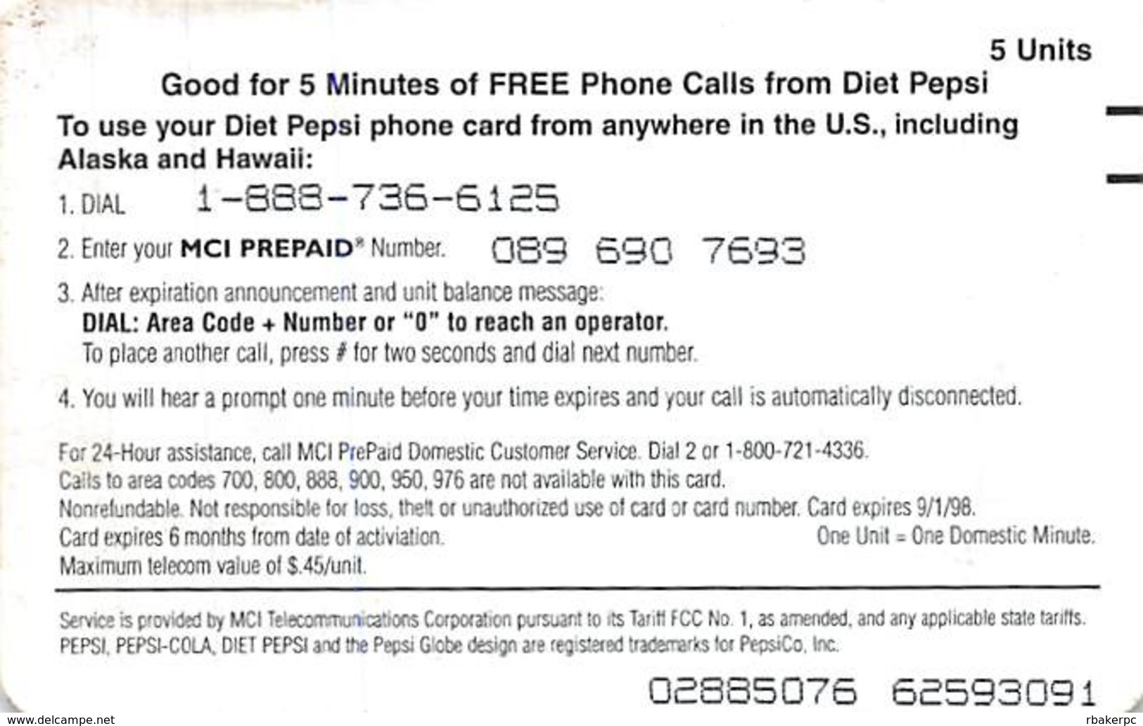 Diet Pepsi / MCI PrePaid Phone Card 5 Minutes - Werbung