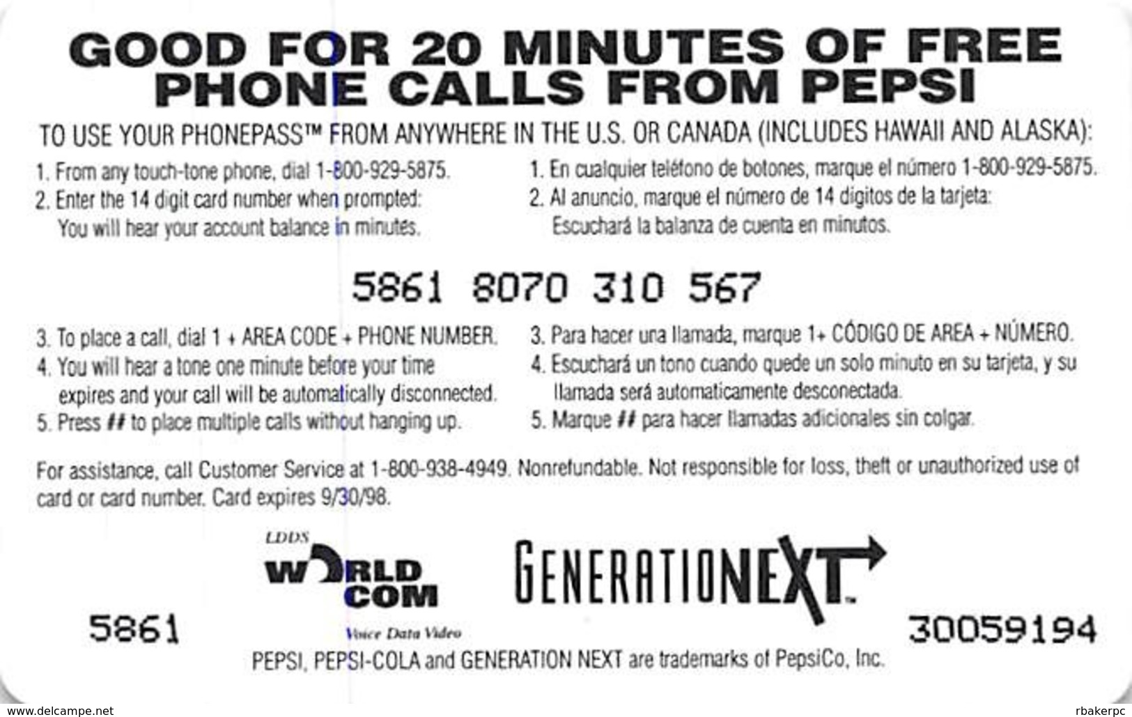 Pepsi / WorldCom PrePaid Phone Card 20 Minutes - Advertising