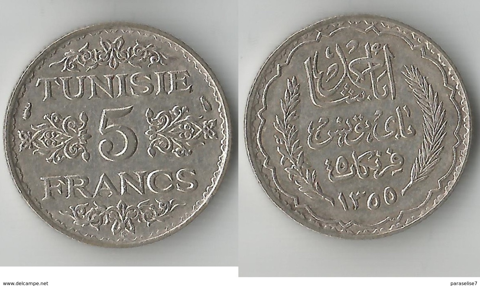 TUNISIE 5 FRANCS 1355 ARGENT - Tunisie