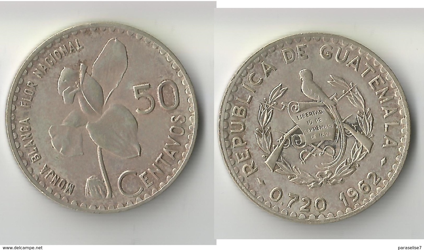GUATEMALA   50  CENTAVOS 1962 ARGENT - Guatemala