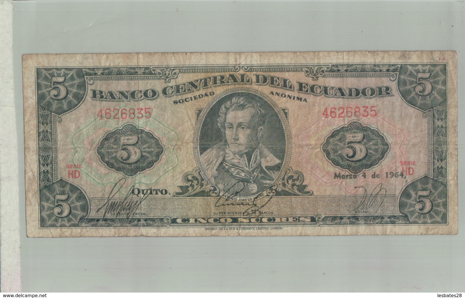 BILLET BANQUE  BANCO CENTRAL DEL ECUADOR   CINCOSUCRES  Serie HD  1964  -sept  2019  Alb Bil - Equateur