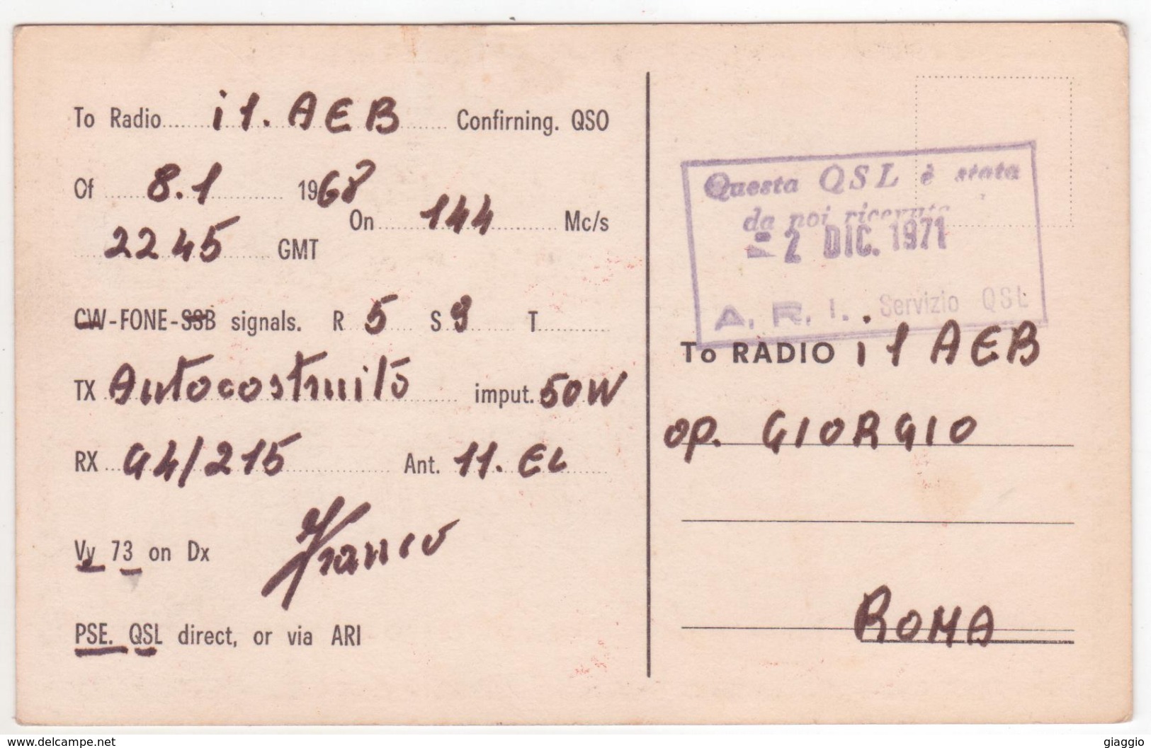 °°° 14030 - QSL - I1 BSG BOLOGNA 1971 °°° - Radio Amatoriale