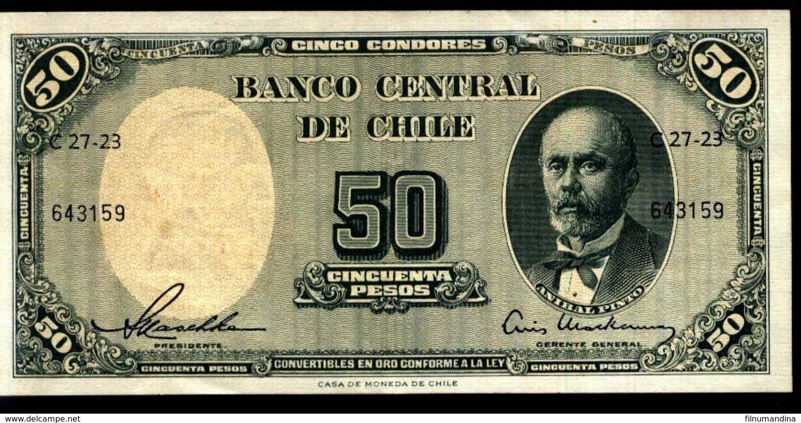 CHILE 50 PESOS CON RESELLO EN REVERSO 5 CENTESIMOS DE ESCUDO, AÑO 1961, XF - Chili