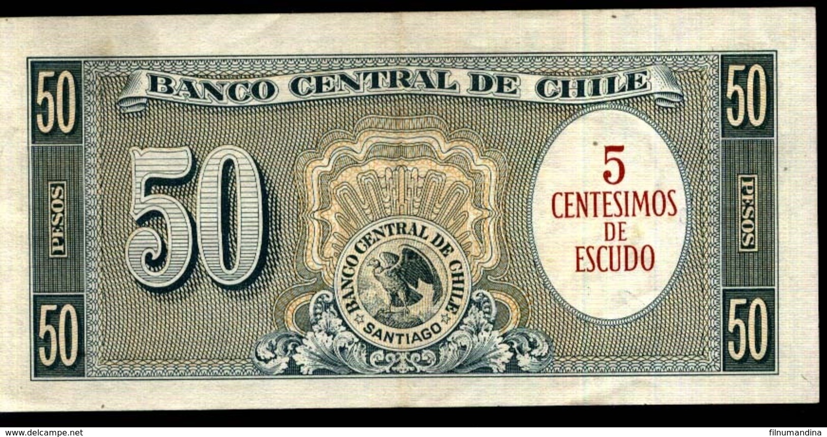 CHILE 50 PESOS CON RESELLO EN REVERSO 5 CENTESIMOS DE ESCUDO, AÑO 1961, XF - Chili