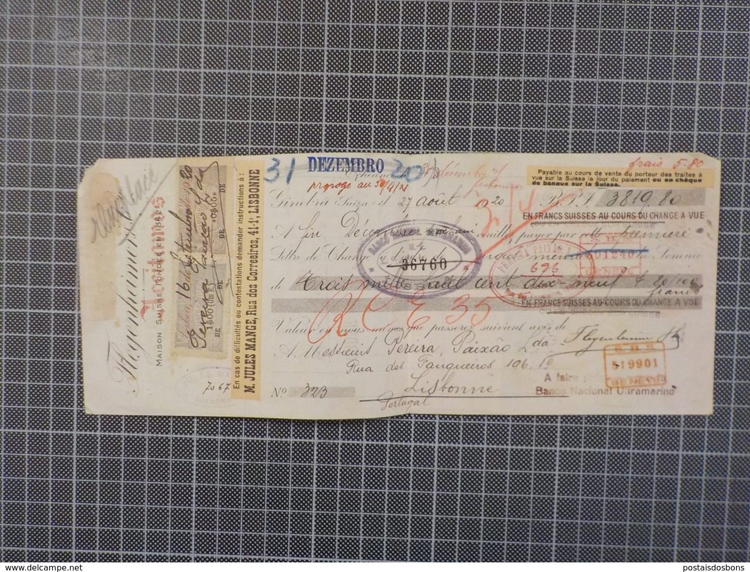 Cx 9) Portugal Suisse Lettre De Change Banco Nacional Ultramarino 1920 M. Jules Mange - Cheques En Traveller's Cheques