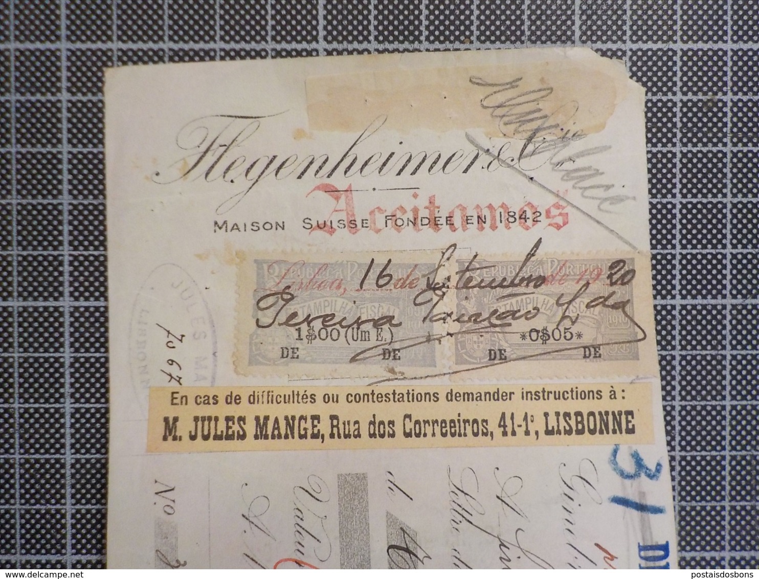 Cx 9) Portugal Suisse Lettre De Change Banco Nacional Ultramarino 1920 M. Jules Mange - Cheques En Traveller's Cheques