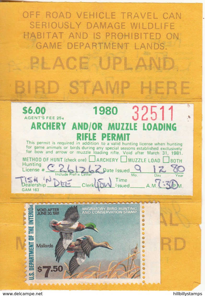 UN ITED STATES     SCOTT NO. RW47   USED     YEAR  1980  COMPLETE HUNTING LICENSE WITH UNSIGNED STAMP AFFIXED - Duck Stamps