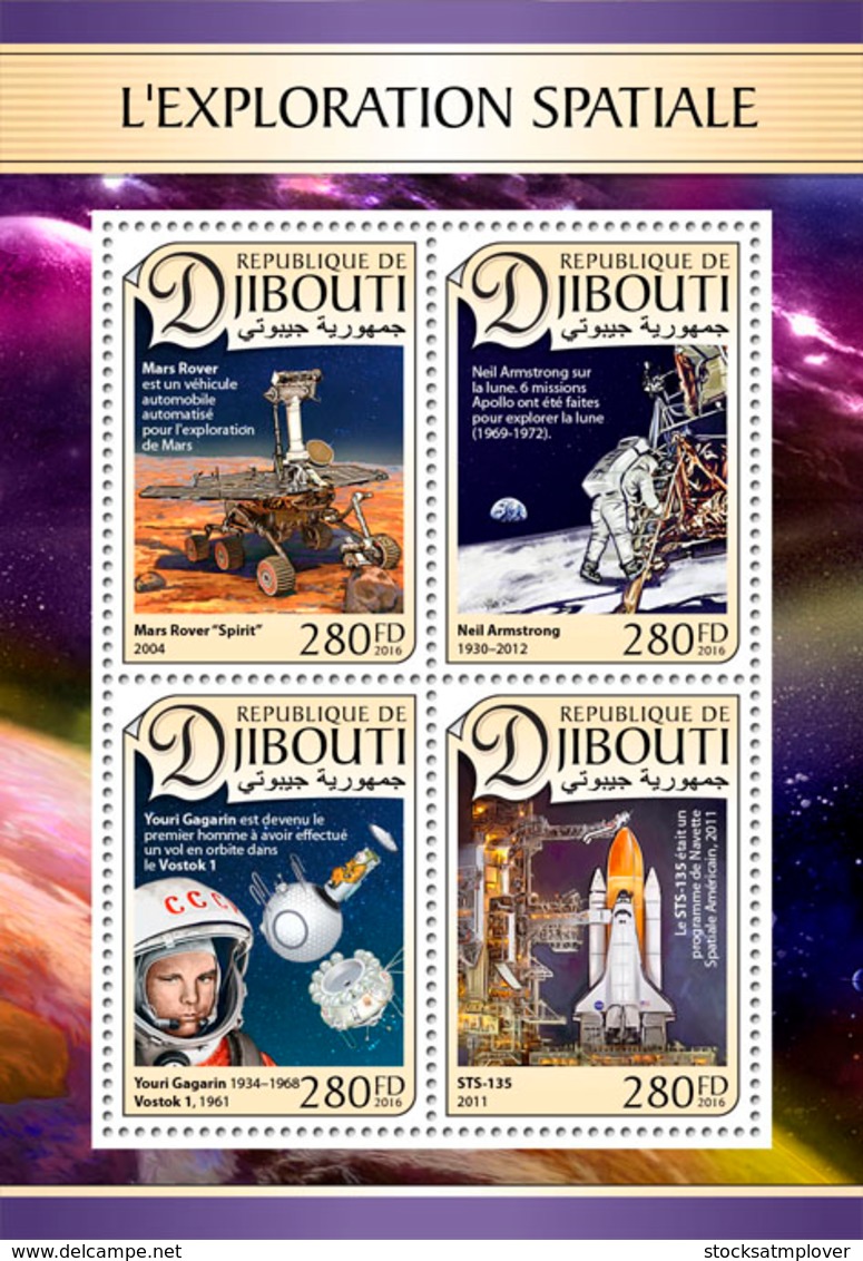 Djibouti  2016  Space Exploration, Neil Armstrong On The Moon,Yuri Gagarin - Djibouti (1977-...)