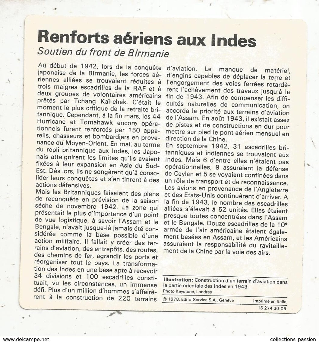 Fiche Illustrée , Edito Service ,1978 ,  2 Scans ,militaria ,guerre 1939-45, Renforts Aériens Aux INDES... - Storia