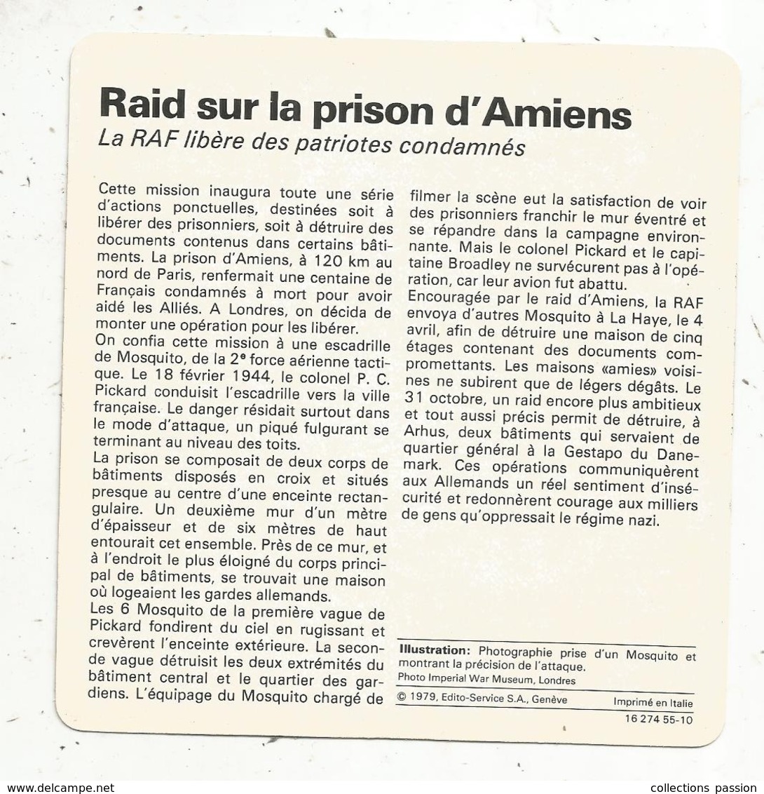 Fiche Illustrée , Edito Service ,1979 ,  2 Scans ,militaria ,guerre 1939-45, RAID SUR LA PRISON D'AMIENS... - Storia