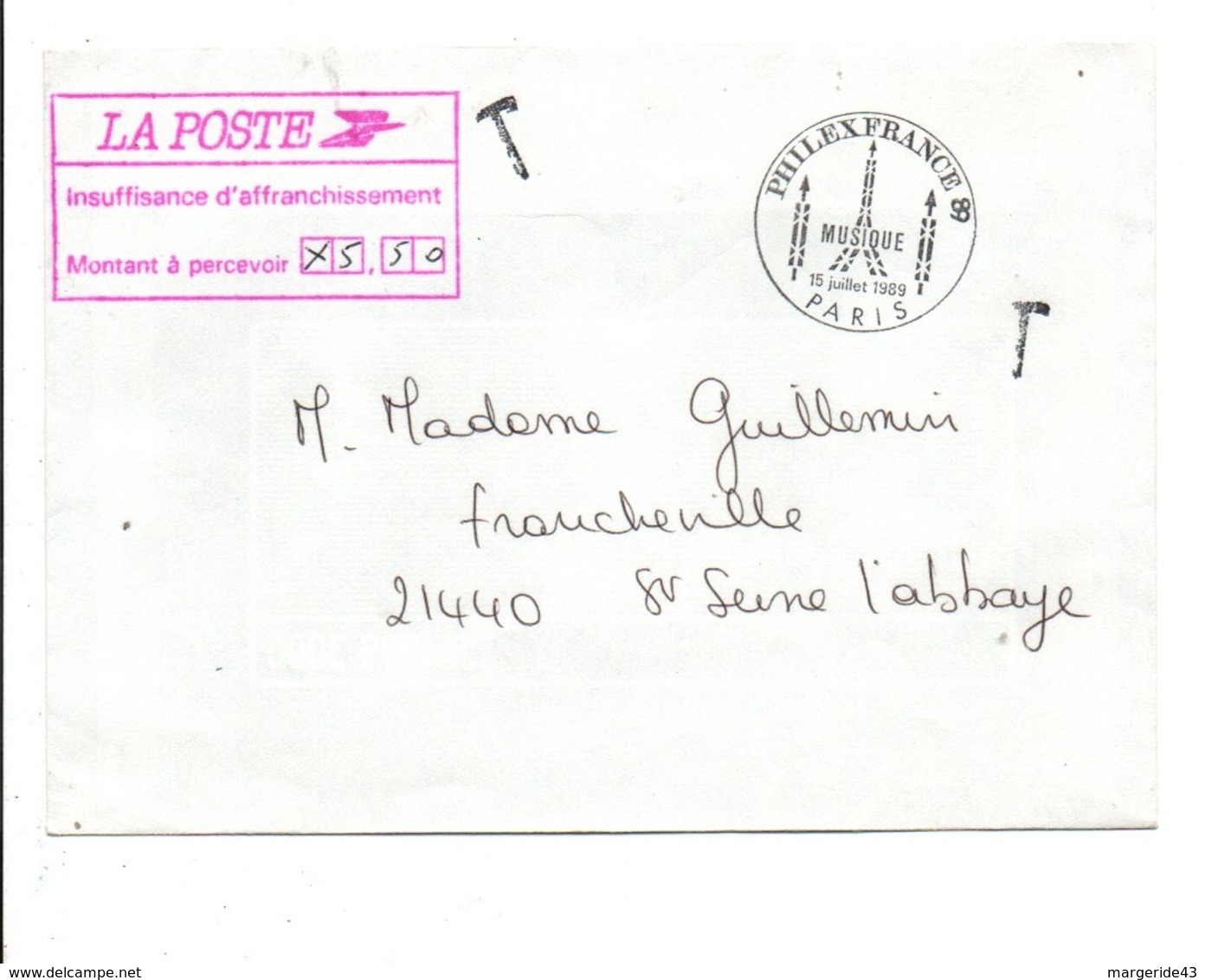 LETTRE OBLITEREE PHILEXFRANCE 89 TAXEE - 1859-1959 Lettres & Documents