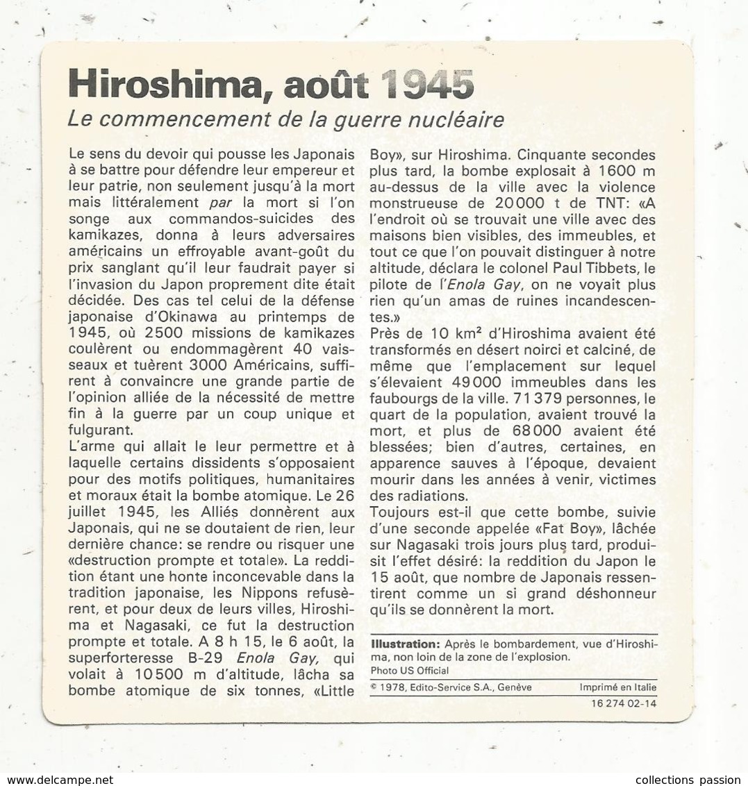 Fiche Illustrée , Edito Service ,1978 ,  2 Scans ,militaria ,guerre 1939-45, HIROSHIMA ,août 1945 ... Japon - Histoire