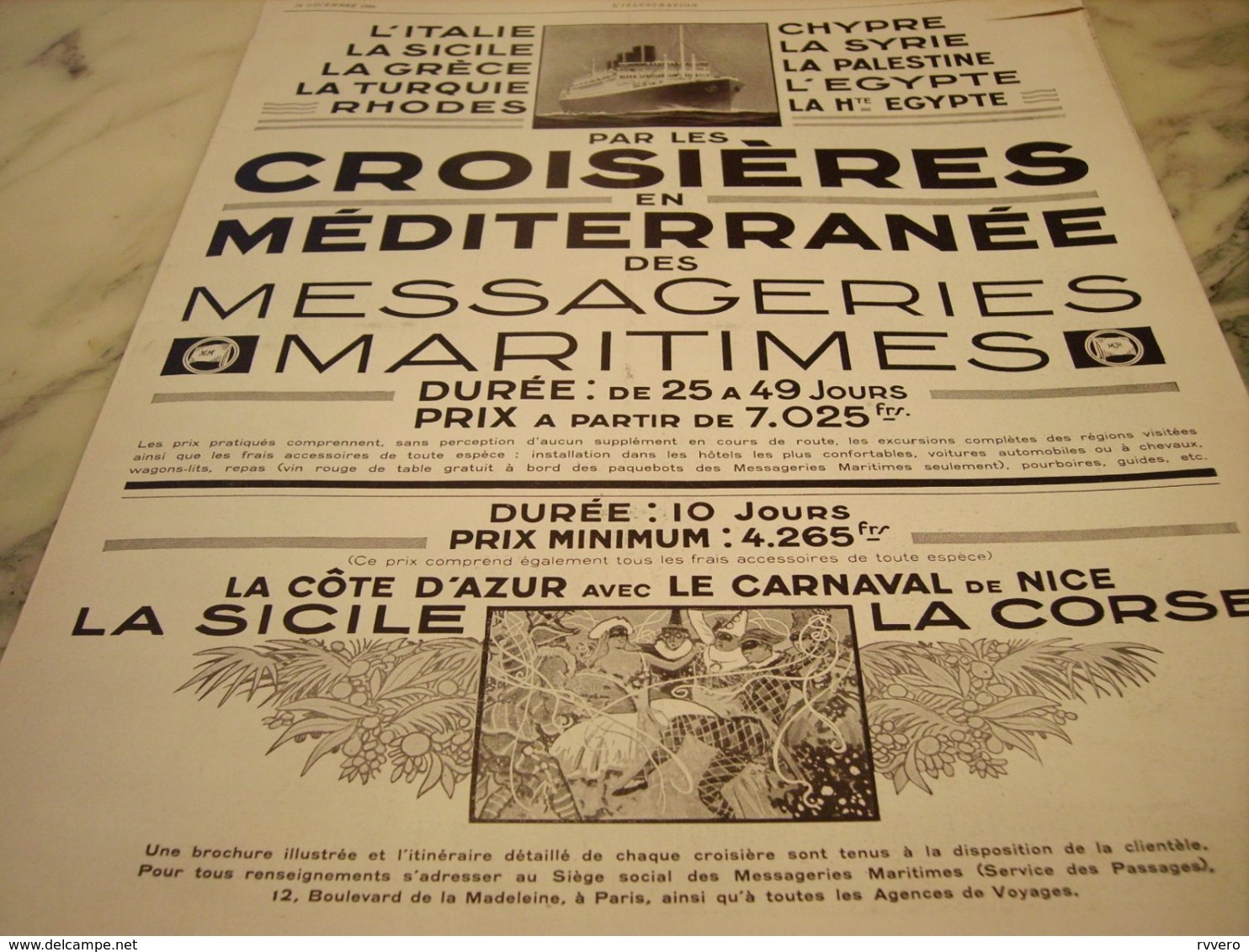 ANCIENNE PUBLICITE CROISIERE BATEAU MESSAGERIE MARITIMES  1929 - Other & Unclassified
