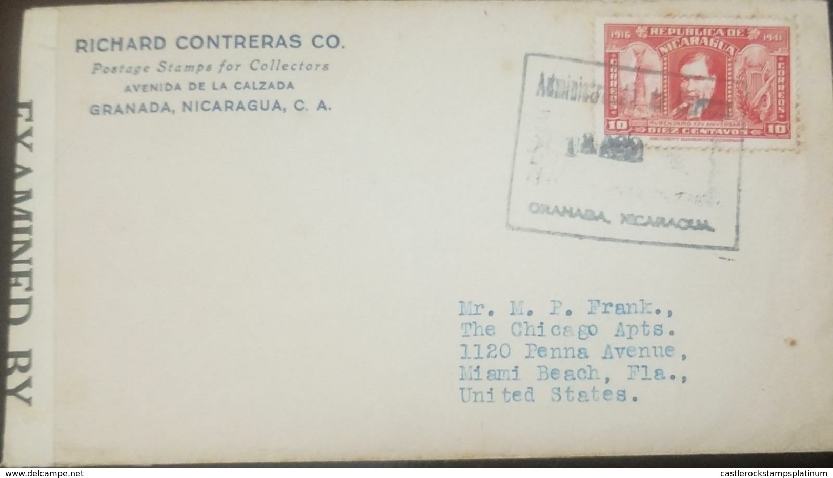 O) 1941 NICARAGUA, FINE AT DESTINATION, RUBEN DARIO POET AND WRITER, CENSORSHIP - EXAMINED, TO USA - Nicaragua