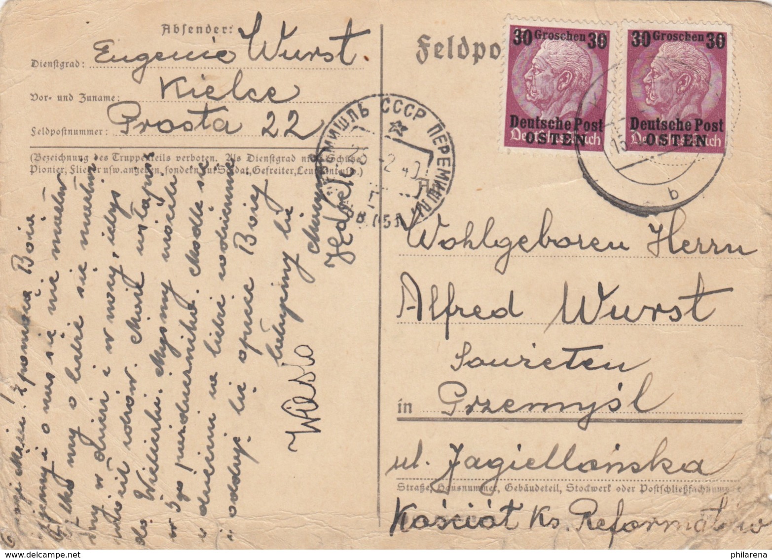 GG Russland: Postkarte Luftpost Kielce Nach Przemysl, Karte Rechts Angegriffen - Besetzungen 1938-45