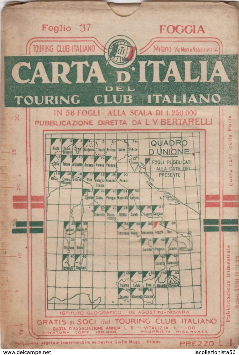 9505-CARTA D'ITALIA DEL TOURING CLUB ITALIANO-FOGGIA-1939 - Cartes Géographiques