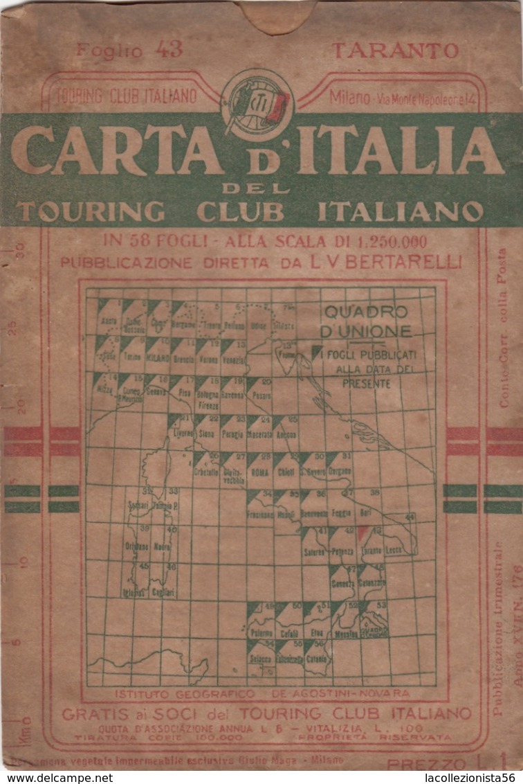 9506-CARTA D'ITALIA DEL TOURING CLUB ITALIANO-TARANTO-1938 - Carte Geographique