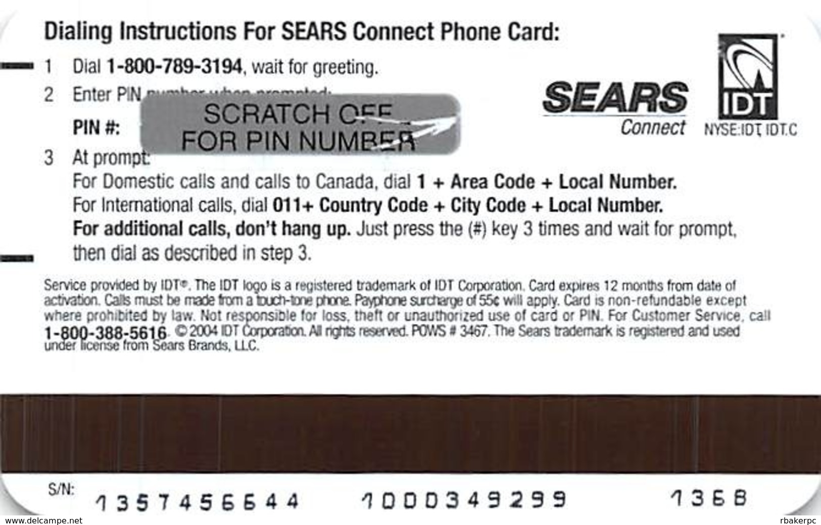 Sears Connect IDT Asia Phone Card - Other & Unclassified