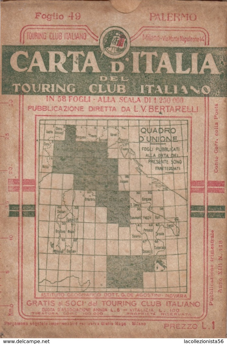 9508-CARTA D'ITALIA DEL TOURING CLUB ITALIANO-PALERMO-1934 - Carte Geographique