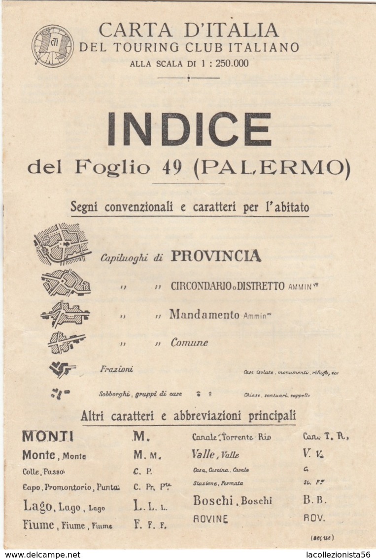 9508-CARTA D'ITALIA DEL TOURING CLUB ITALIANO-PALERMO-1934 - Mapas Geográficas