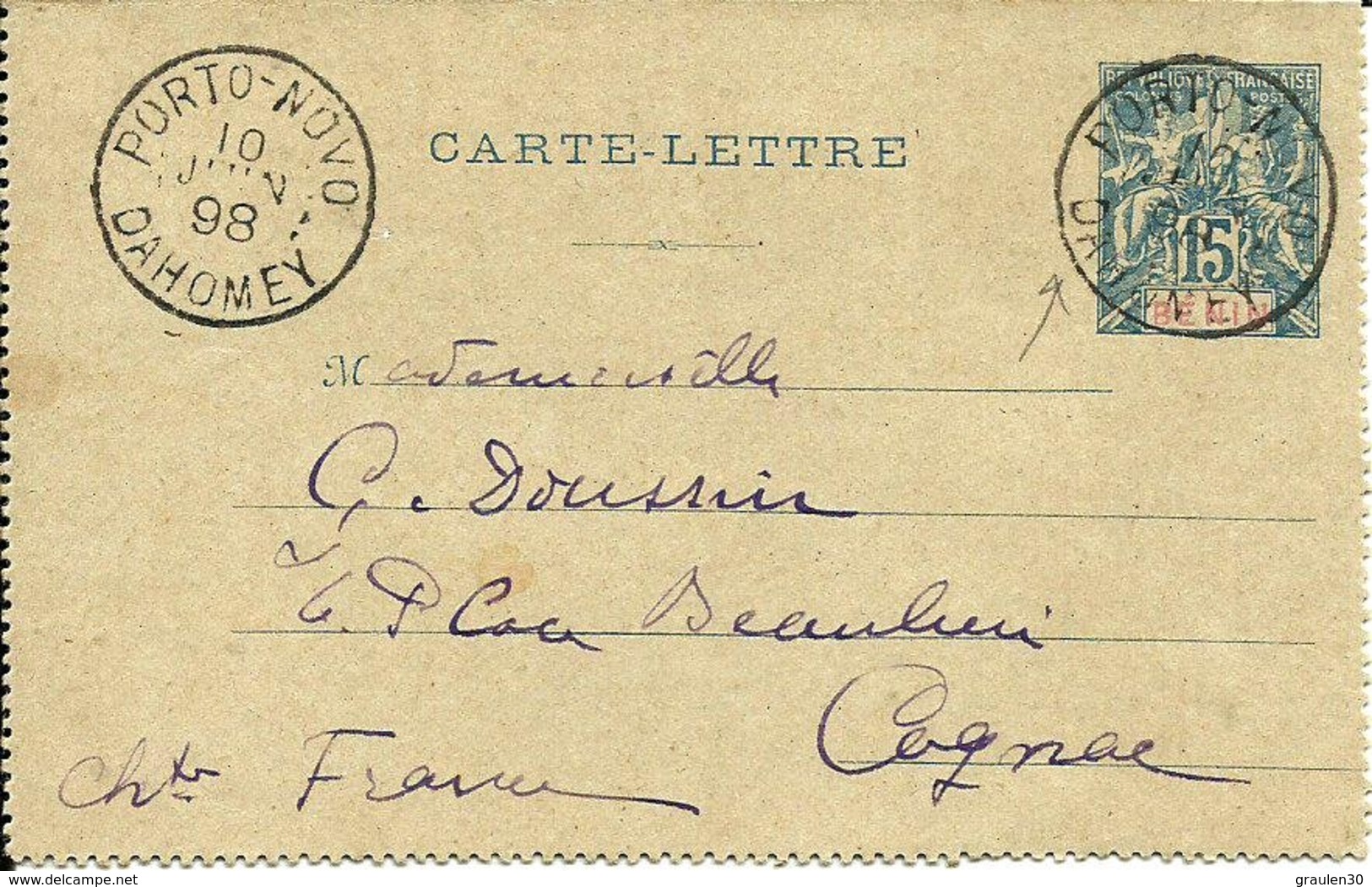 Sur Entier Du BENIN -Cachet De PORTO-NOVO Pour COGNAC -1898 - - Briefe U. Dokumente