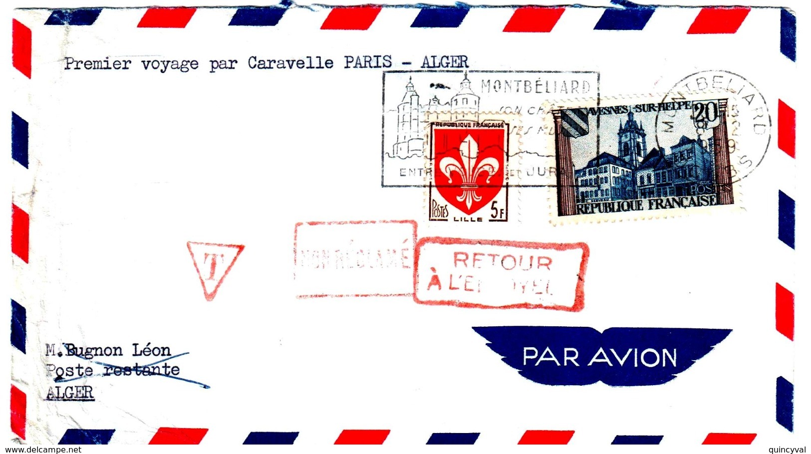 MONTBELIARD Doubs Lettre Par Avion 1° Vol Caravelle Paris-Alger Taxe Retour Envoyeur Non Réclamé Yv 1221 1186 Ob 1959 - 1927-1959 Lettres & Documents