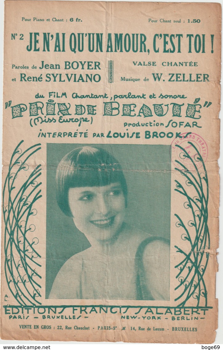 (TRE) Je N'ai Qu'un Amour ; LOUISE BROOKS , Paroles JEAN BOYER , Musique W ZELLER - Partituras