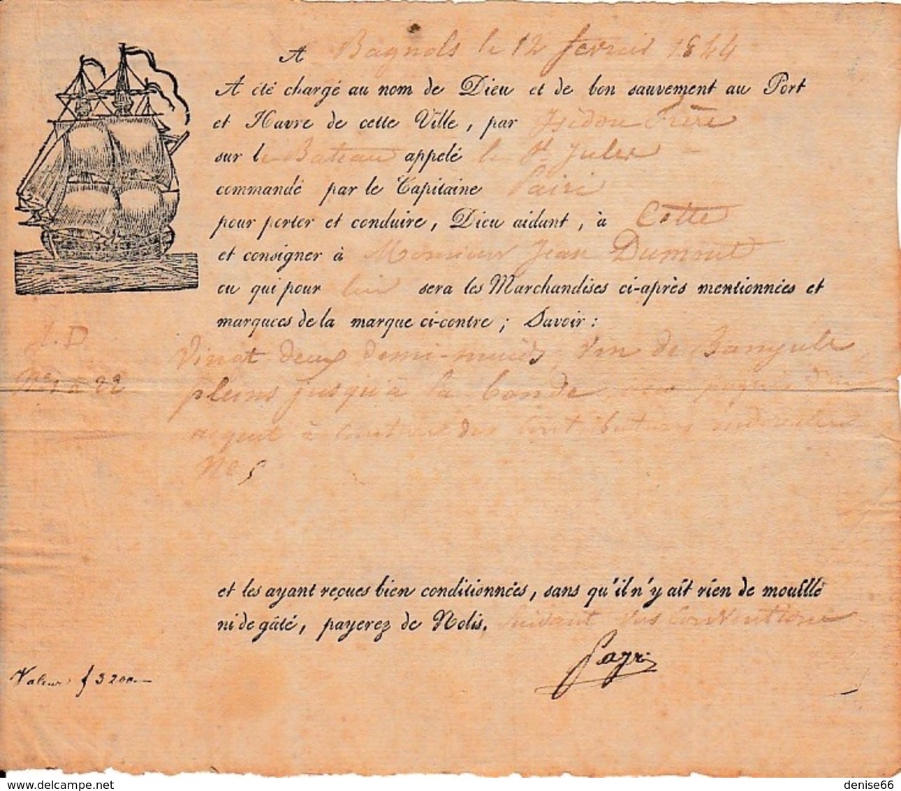 1844 - BAGNOLS Pour CETTE - Connaissement Bateau "Le St Jules" - Vin De BANYULS - Documents Historiques