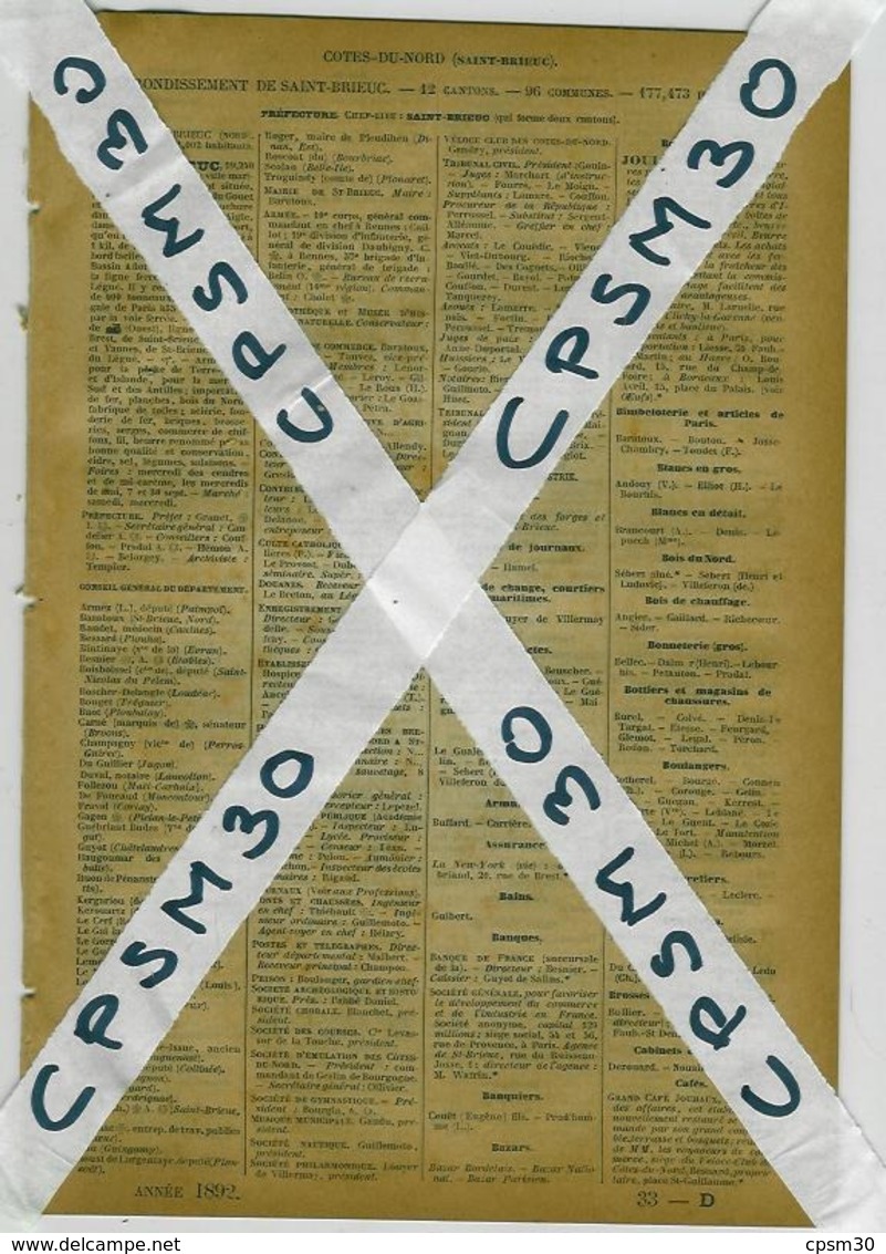 ANNUAIRE - 22 - Département Cotes Du Nord - Année 1892 - édition Didot Bottin - 17 Pages - Annuaires Téléphoniques